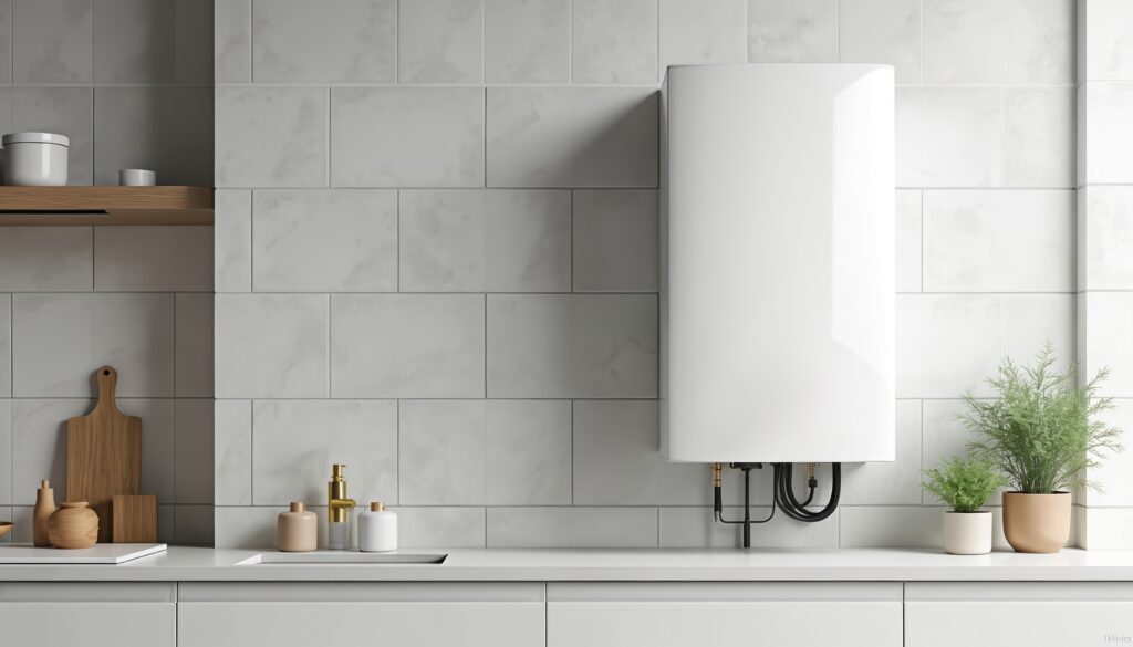 Modern home interior with gas boiler water heater.